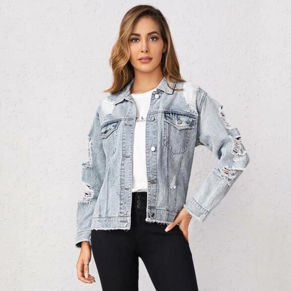 SHEIN Blue Ripped Denim Jacket - Picture 3 of 9